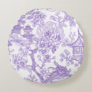 Lila Chinoiserie Toile Drak Sakura Rund Kudde