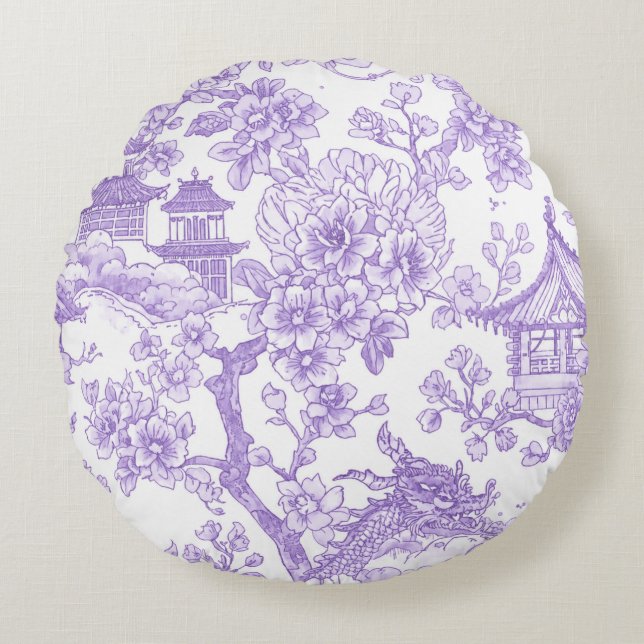 Lila Chinoiserie Toile Drak Sakura Rund Kudde (Framsidan)
