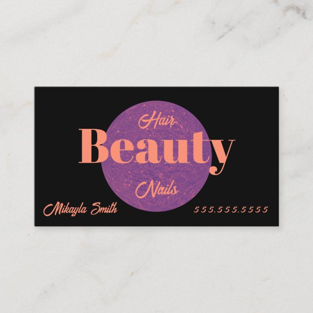 Lila Circle on Black Beauty Stil Hair Nagel Visitkort (Framsida)