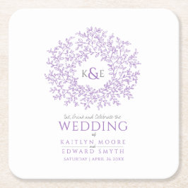 Lila Cirkel löv teckning monogram bröllop Underlägg Papper Kvadrat