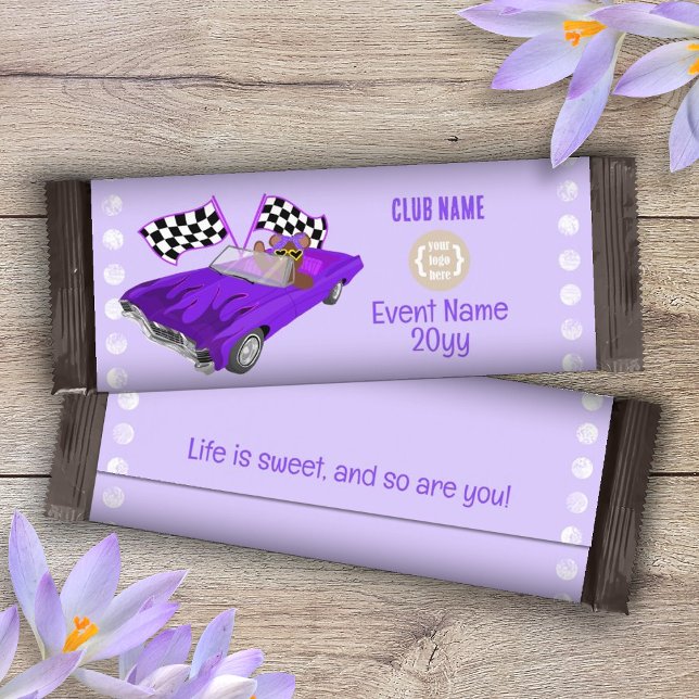 Lila Classic Car, Nalle Candy Pub Wrapper Flygblad (teddy bear classic car purple party favor candy bar wrapper personalized diy chocolate label w/ logo)