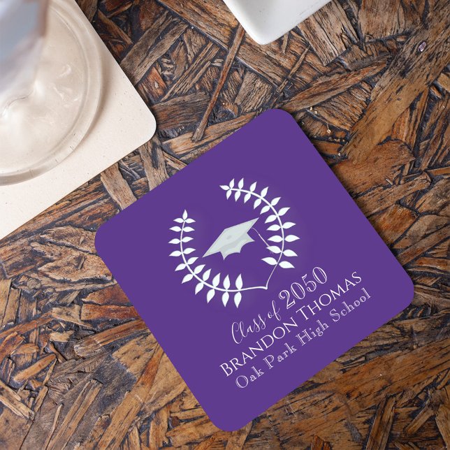 Lila Classic Studentfest Anpassningsbar Underlägg Papper Kvadrat (Purple graduation party paper coaster. )
