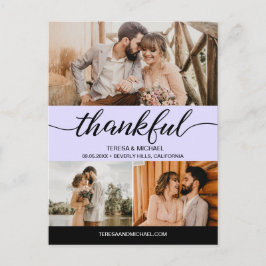 Lila Classic Thankful Script 3 Photo Bröllop Vykort
