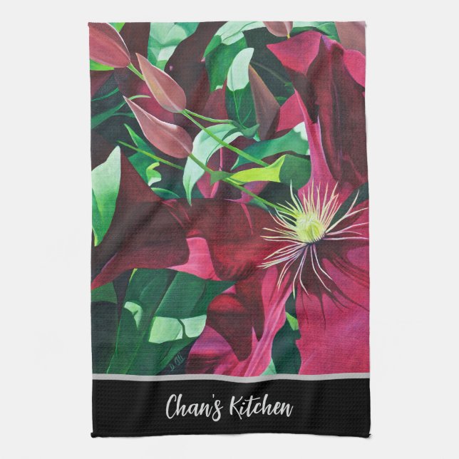 Lila Clematis Blommigt Kökshandduk (Vertikal)