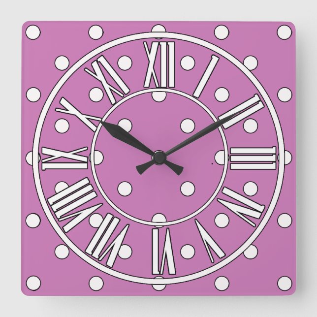 Lila Clock med vita prickar och detaljer Fyrkantig Klocka (Framsida)