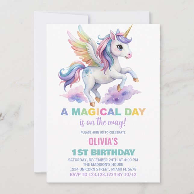 Lila Cloud Unicorn Birthday-inbjudningar Inbjudningar (Framsida)