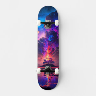 Lila Clouds and Träd Island vid Sjö Mini Skateboard Bräda 18,5 Cm