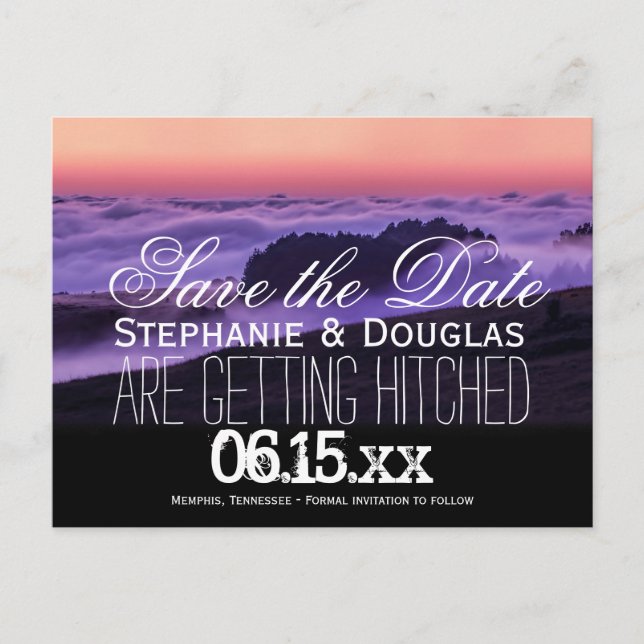 Lila Clouds Sunset Save the Date Postcards Meddelande Vykort (Framsida)