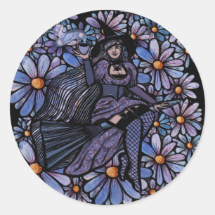 Lila Coffee Witch Daisy Art Runt Klistermärke