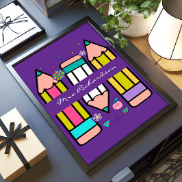 Lila Colorful Teacher Tecknad Pencil Poster