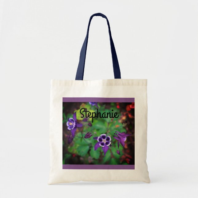 Lila Columbine Flowers & Namn Tote Bag Tygkasse (Framsidan)