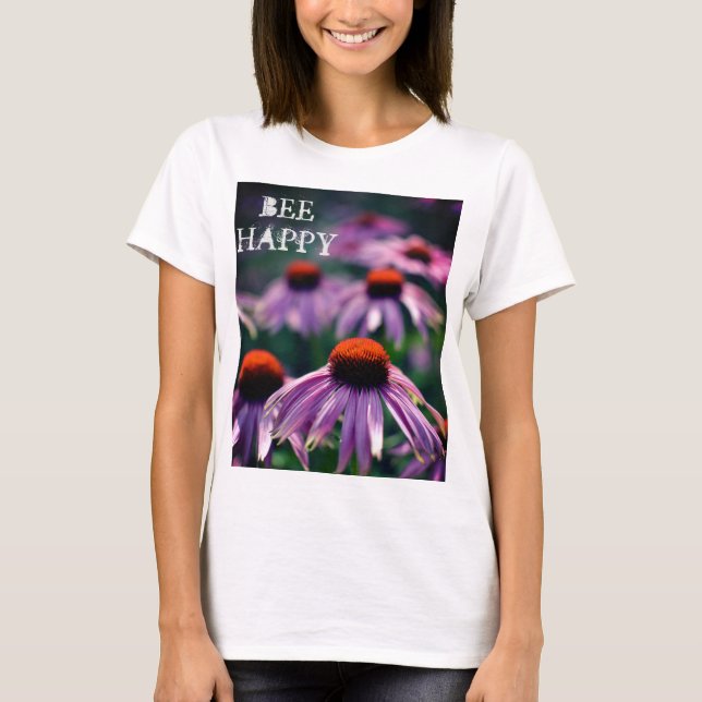 Lila Cone Flowers Photo Bee Lycklig T Shirt (Framsida)