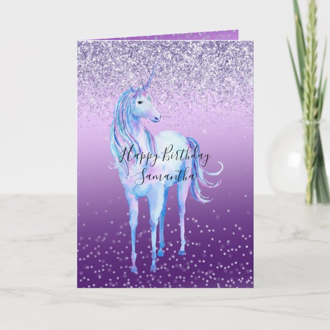 Lila Confetti Ombre Unicorn Glitter Gnistra Kort (Framsida)
