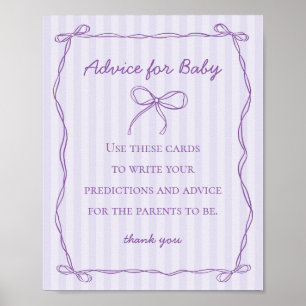 Lila Coquette Bow Advice for Baby Shower Game Poster