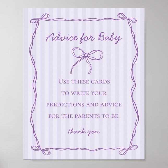 Lila Coquette Bow Advice for Baby Shower Game Poster (Framsidan)