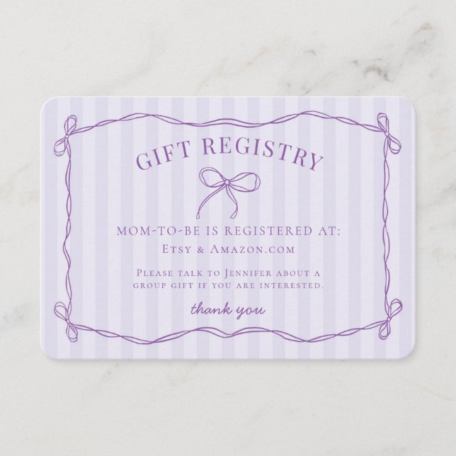 Lila Coquette Bow Lavender Baby Shower Registry Tilläggskort (Framsida)