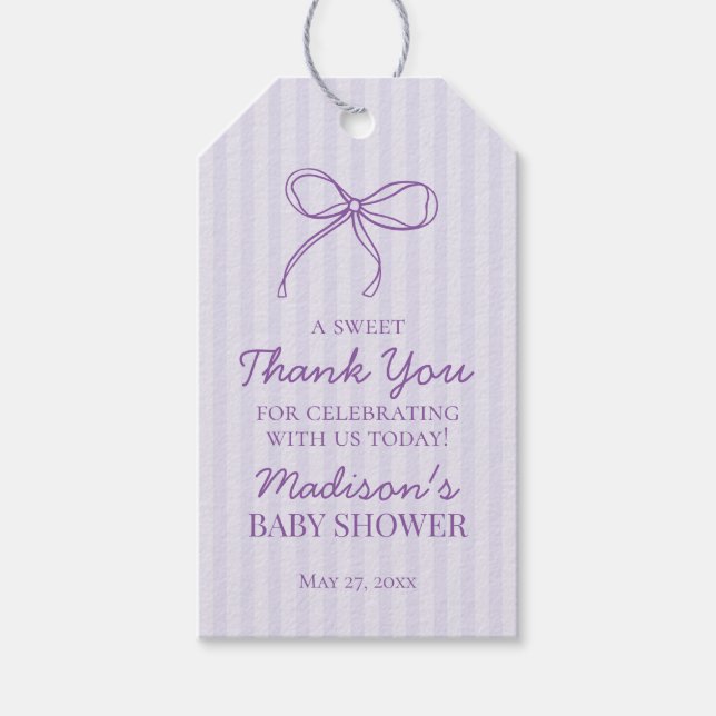 Lila Coquette Bow Pastel Baby Shower-favoriter Presentetikett (Framsidan)