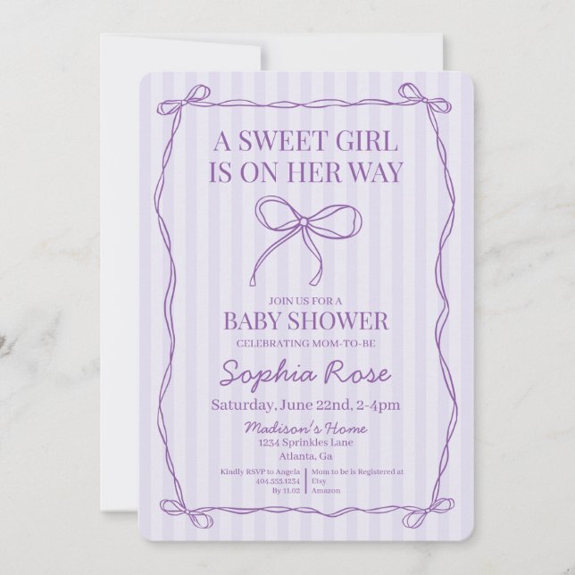 Lila Coquette Bow Pastel Lavender Baby Shower Inbjudningar (Framsida)