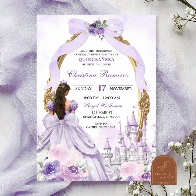Lila Coquette Bow Sagolikt Slott Quinceanera Inbjudningar (Skapare uppladdad)