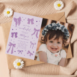 Lila Coquette Bows ONEderful Birthday Photo Inbjudningar