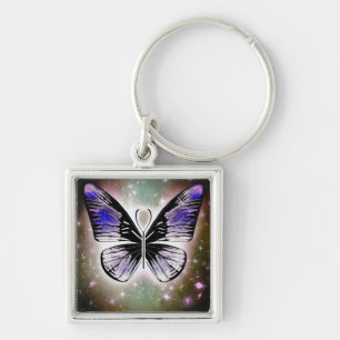 Lila Cosmic Butterfly Fyrkantig Silverfärgad Nyckelring