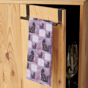 Lila Cosmic Cats Patchwork Kökshandduk