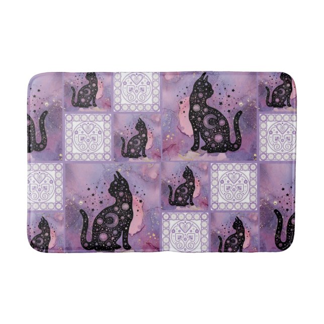 Lila Cosmic Cats Patchwork Medium Storlek Badrumsmatta (Framsidan)