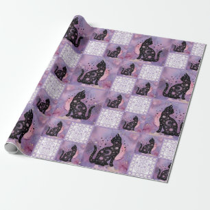 Lila Cosmic Cats Patchwork Mönster Presentpapper