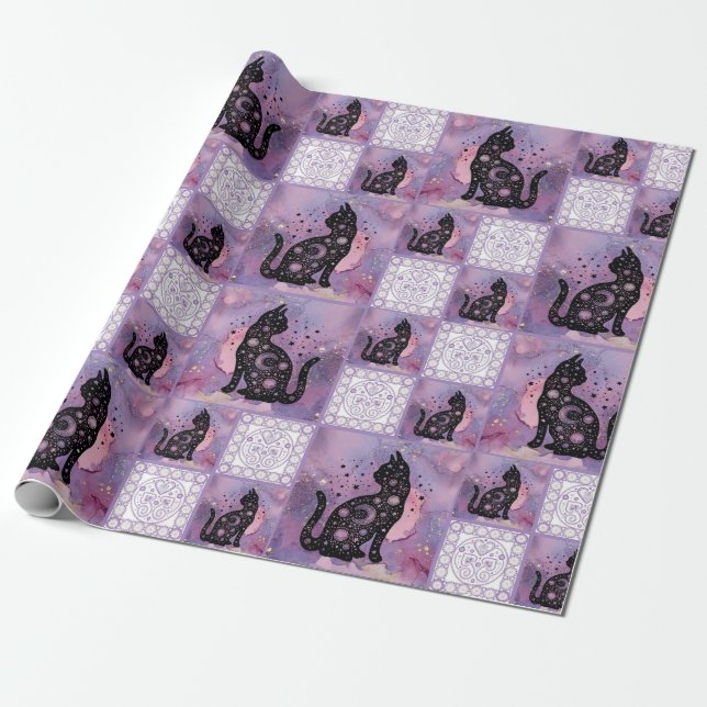 Lila Cosmic Cats Patchwork Mönster Presentpapper (Utrullad)