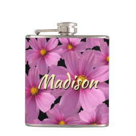 Lila Cosmos blommdesign i en svart bakgrund Fickplunta