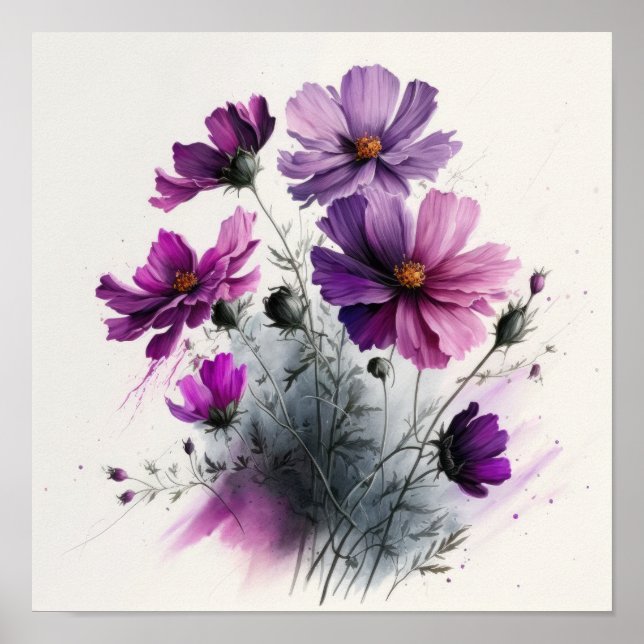 Lila Cosmos Flowers Art Print Poster (Framsidan)