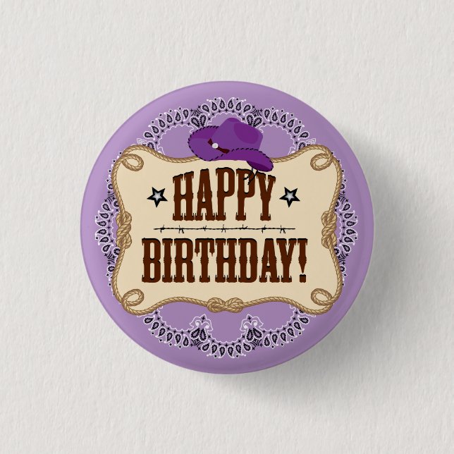 Lila Cowgirl Birthday Button Knapp (Framsida)