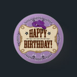 Lila Cowgirl Birthday Button Knapp<br><div class="desc">Lila Cowgirl Birthday Button. Den här roligtens födelsedagsknappen är designad med en roligt,  land westerna stil. Skapat med en lila bandanbakgrund med en lila cowgirl-hatt.</div>