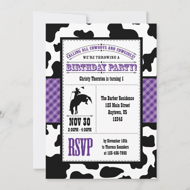 Lila Cowhide Cowboy Birthday-inbjudan Inbjudningar (Framsida)