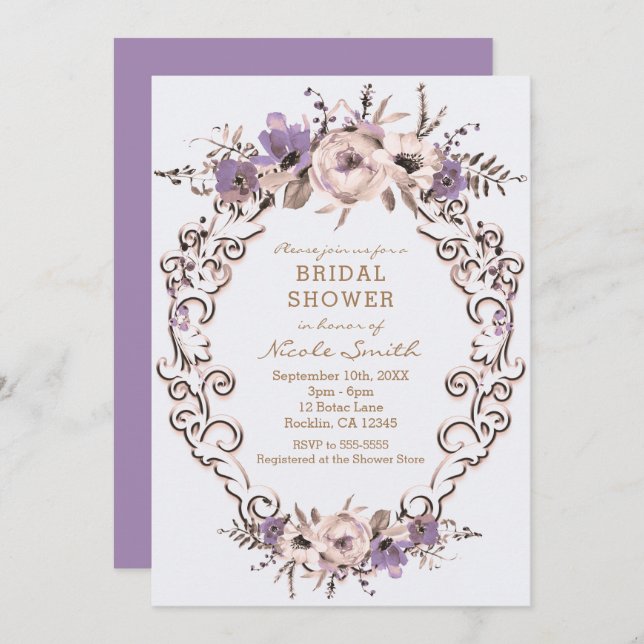 Lila Cream Botanical Blommigt Möhippa Inbjudningar (Fram/baksida)