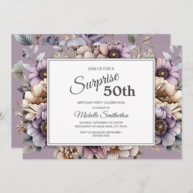 Lila Cream Taupe Blommigt Surprse 50:e födelsedage Inbjudningar (Fram/baksida)
