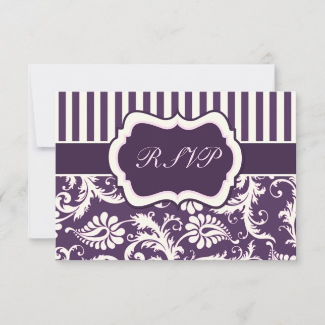 Lila, Crème och Rosa Randig Damask Svarskort OSA Kort (Framsida)