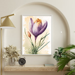 Lila Crocus Flower Blommigt Watercolor Wall Art Poster