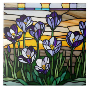 Lila Crocus Flowers av fastnat glas Kakelplatta