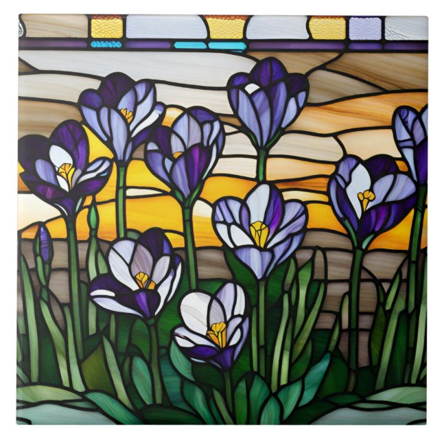 Lila Crocus Flowers av fastnat glas Kakelplatta (Framsidan)