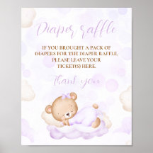 Lila Cute Bear Baby Shower Diaper Raffle Sign