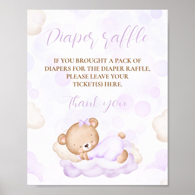Lila Cute Bear Baby Shower Diaper Raffle Sign Poster (Framsidan)