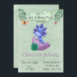 Lila Cute Dinosaur and Friends Födelsedagsfest Inbjudningar<br><div class="desc">Du kommer att kärlek den här grönten vattenfärga på canvas struktur med söta lila dinosaurer och blå moln. Underbar för en födelsedagsfest!</div>