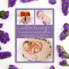 Lila Cute Girl Birth Anouncement Photo Collage Meddelande