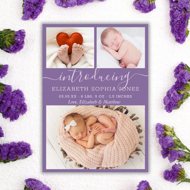 Lila Cute Girl Birth Anouncement Photo Collage Meddelande (Skapare uppladdad)