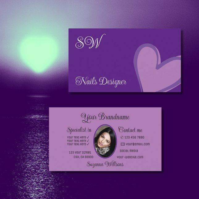 Lila Cute Lilac Heart med Monogram och Photo Visitkort (Skapare uppladdad)