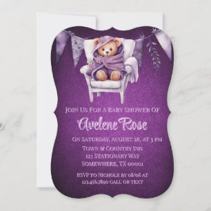Lila Cute Nalle Girl Baby Shower Inbjudningar
