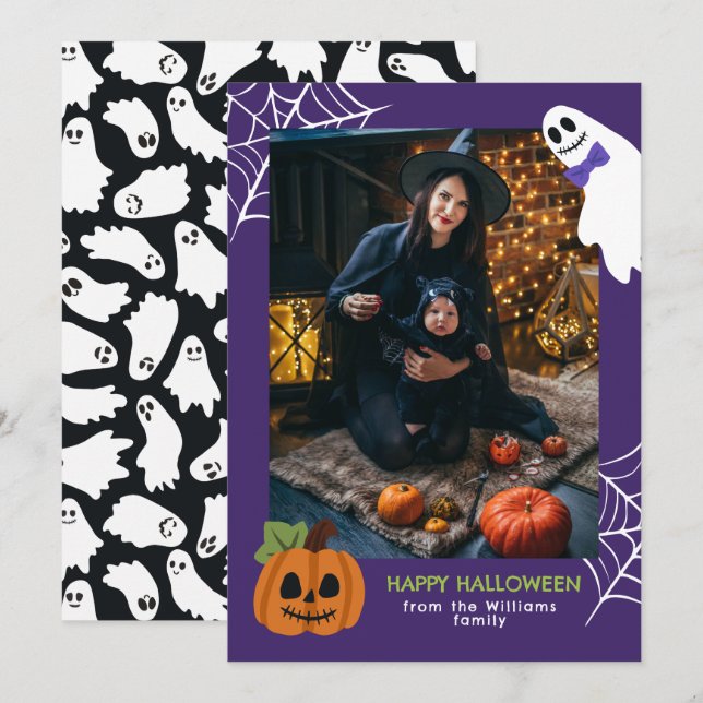 Lila Cute Pumpkin & Ghost Happy halloween Photo Julkort (Fram/baksida)