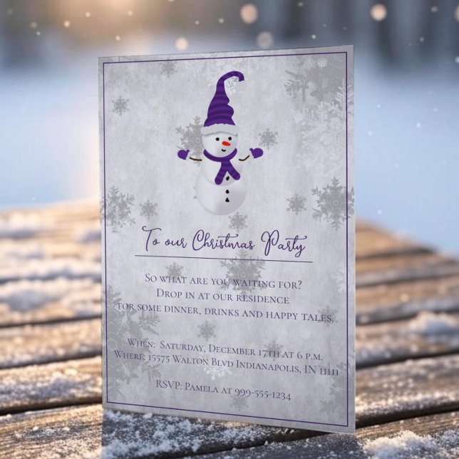Lila Cute Snögubbe julfest - inbjudan (Purple Cute Snowman Christmas Party Invitation)