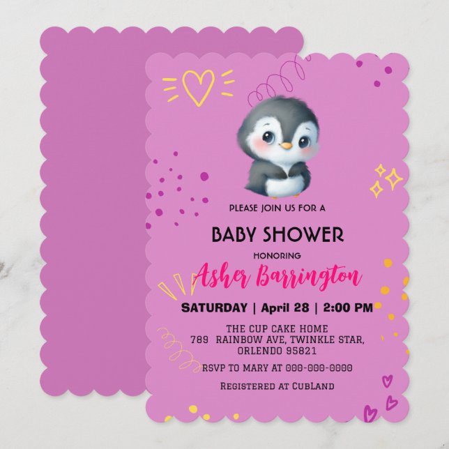 Lila Cute söt penguin Loely babyduschbarn Inbjudningar (Fram/baksida)